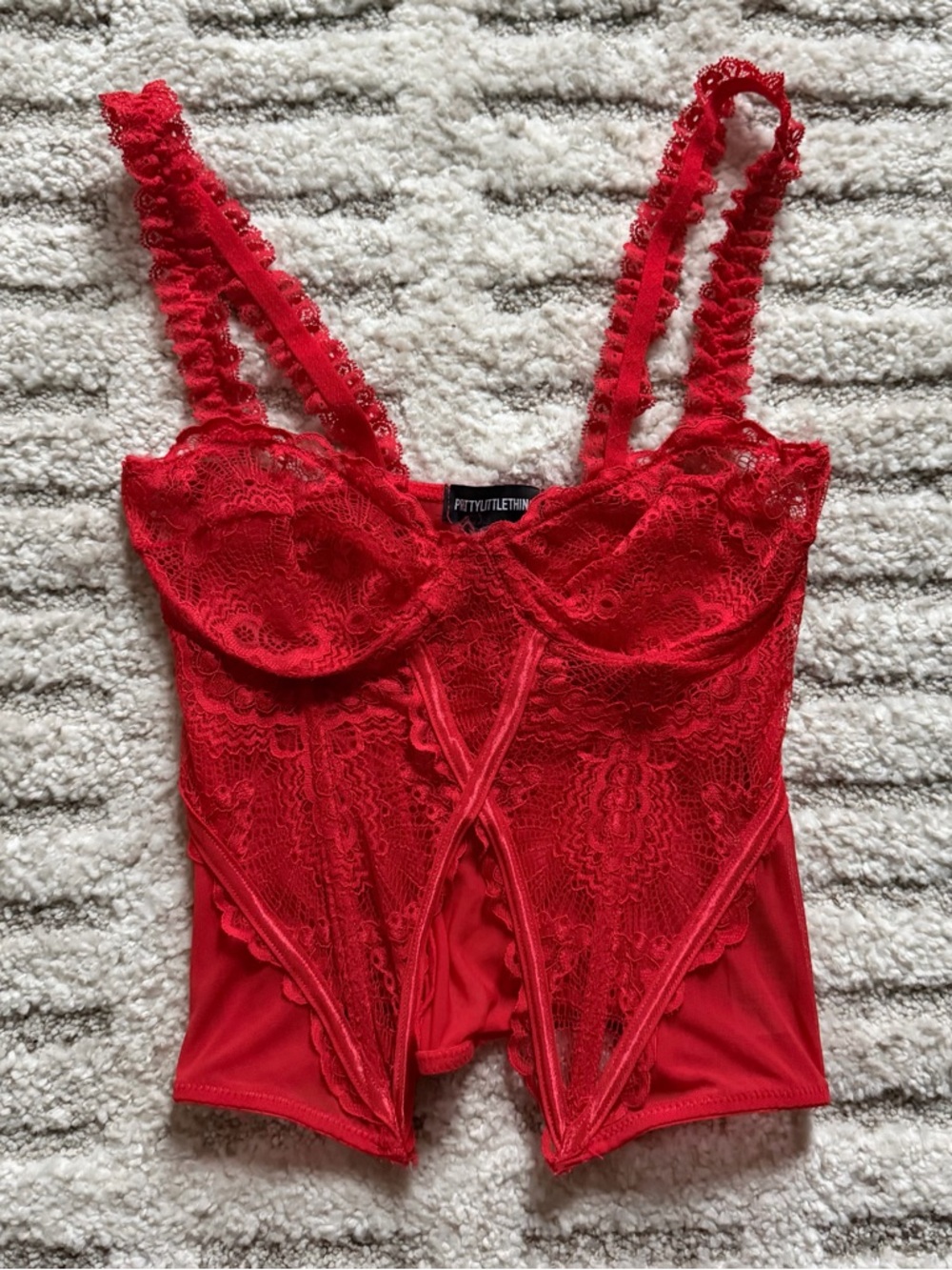 PrettyLittleThing Red Lace Bustier Top